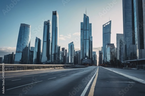Cityscape with empty road in front of modern skyscrapers
