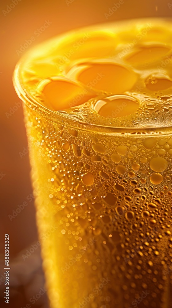Close-Up of Refreshing Orange Drink with Ice and Bubbles. Generative ai. Close-Up of Refreshing Orange Drink with Ice and Bubbles. Generative ai.