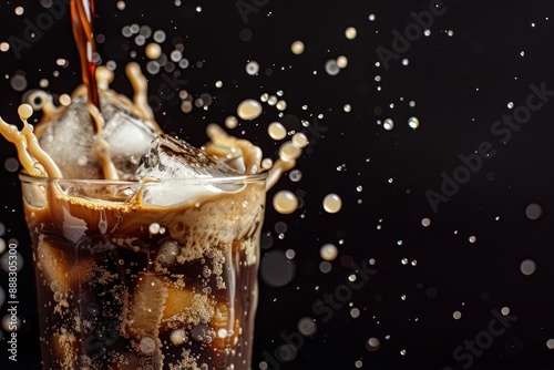 Thai Iced Coffee caught midsplash, with dark coffee, creamy milk, and ice flying apart in a dynamic and invigorating explosion