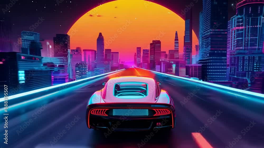 A neon retro car rides. A neon retro car rides into the neon sunset. 80s retro futuristic sci-fi seamless loop with vintage car. Riding in retrowave VJ videogame landscape, neon lights.