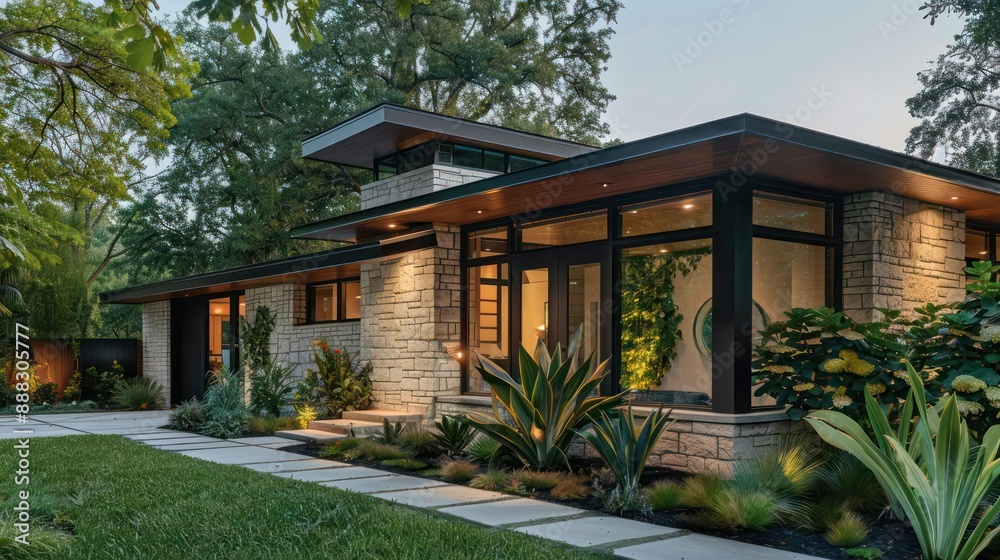 suburban mid-century modern house with a natural stone facade and lush, native plants integrating seamlessly into the design suburban mid-century modern house with a natural stone facade and lush, native plants integrating seamlessly into the design