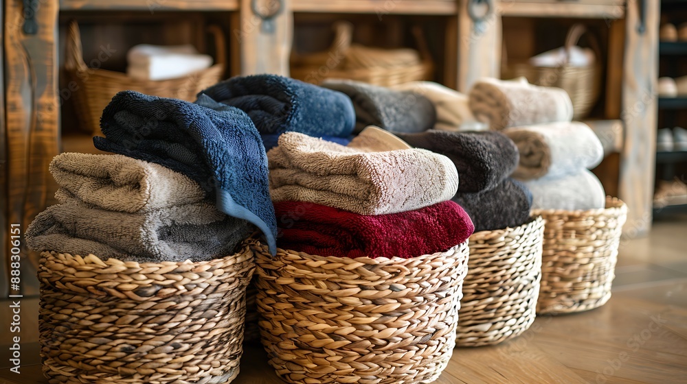 Obraz premium Piles kitchen towels in baskets