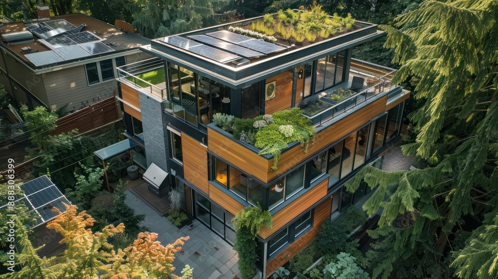 suburban contemporary home featuring a rooftop garden and solar panels, nestled in a tranquil, wooded area suburban contemporary home featuring a rooftop garden and solar panels, nestled in a tranquil, wooded area