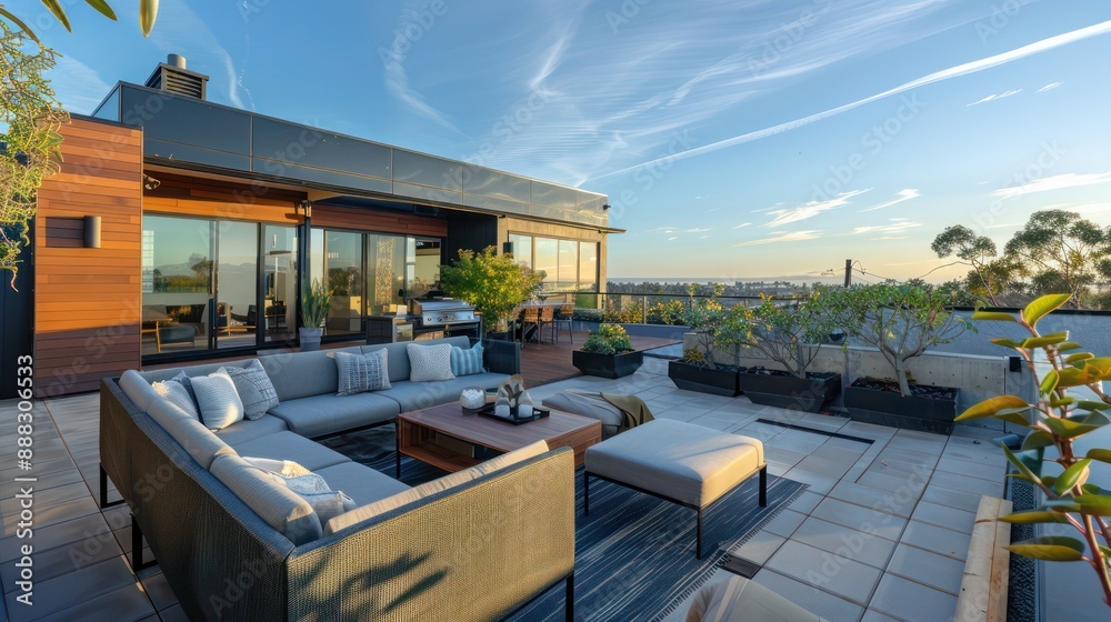 suburban contemporary home's rooftop terrace, equipped with modern furniture and panoramic views suburban contemporary home's rooftop terrace, equipped with modern furniture and panoramic views