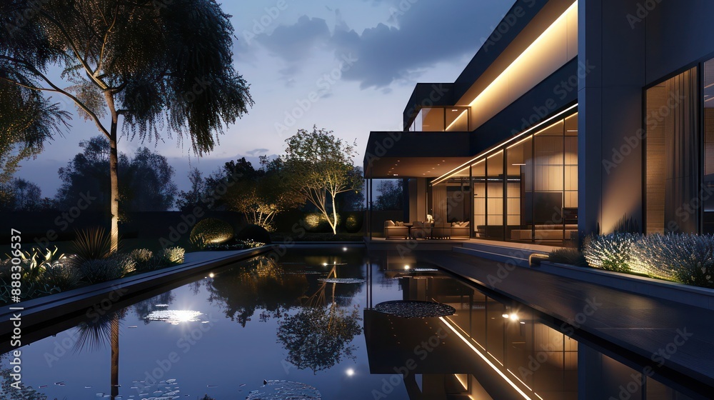 Naklejka premium suburban contemporary home with a minimalist fa? section ade, hidden LED lighting, and a reflective water feature
