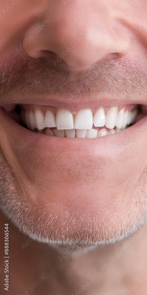 Obraz premium A man with a white smile showing his teeth. The man's teeth are clean and white, and he is smiling
