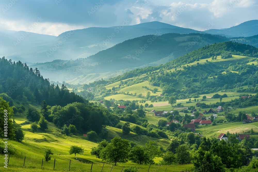 Obraz premium A beautiful mountain landscape with a small village in the distance. The sky is cloudy, but the sun is shining through the clouds, creating a warm and peaceful atmosphere. The lush green hills