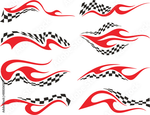 Vector Racing Flame Designs with Checkered Flags for Vehicle Vinyl Decals. Ready-to-cut graphics, great for sport cars, ATVs, trucks, motors and bikes.