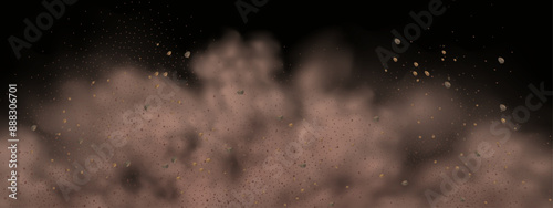 Vector background of a sand explosion with dirt and cloud smoke. Brown sandstorm splash and  dirty ground with a textured wind effect.Yellow flying particles and stone.