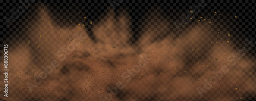 Vector background of a sand explosion with dirt and cloud smoke. Brown sandstorm splash and  dirty ground with a textured wind effect.Yellow flying particles and stone.