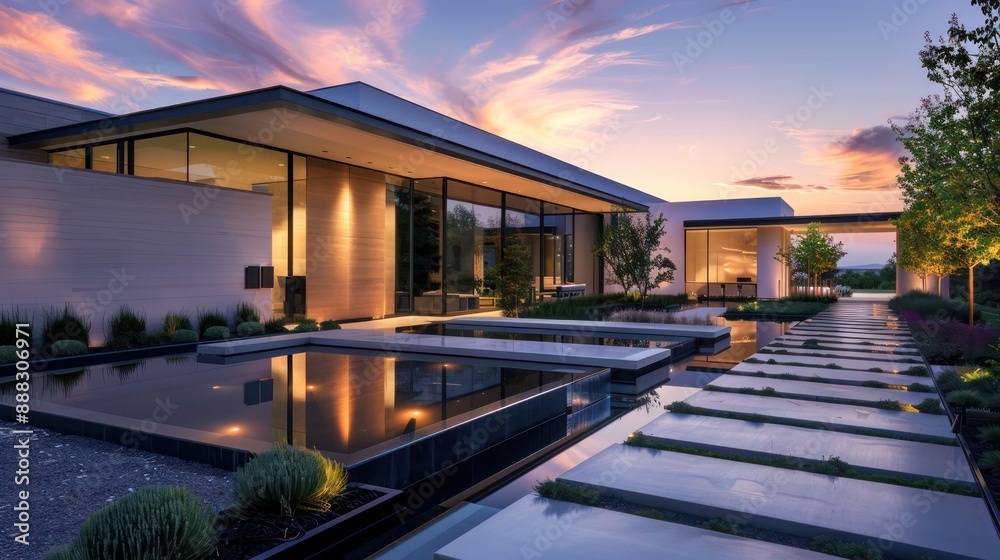 Suburban Contemporary home's sleek entry with a reflective water feature and minimalist landscaping under twilight skies Suburban Contemporary home's sleek entry with a reflective water feature and minimalist landscaping under twilight skies