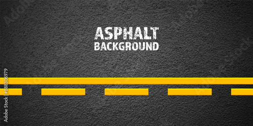 Asphalt road with yellow lane marking, concrete highway surface, texture. Street traffic line, road dividing strip. Pattern with grainy structure, grunge stone background. Vector illustration