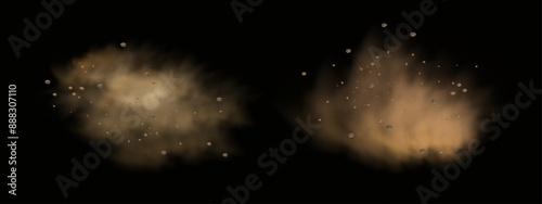 Vector background of a sand explosion with dirt and cloud smoke. Brown sandstorm splash and  dirty ground with a textured wind effect.Yellow flying particles and stone.
