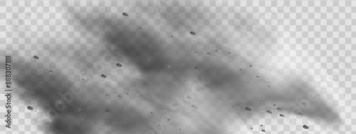 Vector background of a sand explosion with dirt and cloud smoke. Brown sandstorm splash and  dirty ground with a textured wind effect.Yellow flying particles and stone.