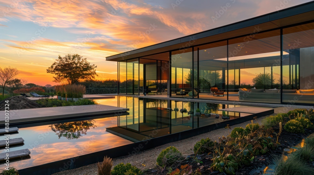Obraz premium Suburban Contemporary home at sunset, with large glass walls and a minimalist garden, reflecting the orange sky