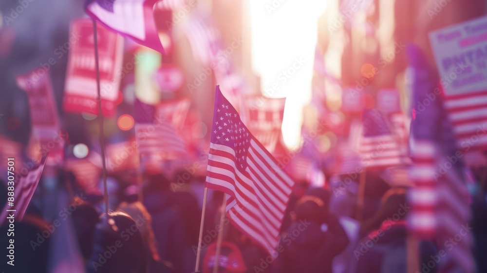 Political Rally Flags Background blur of crowd at political rally in the United States ...