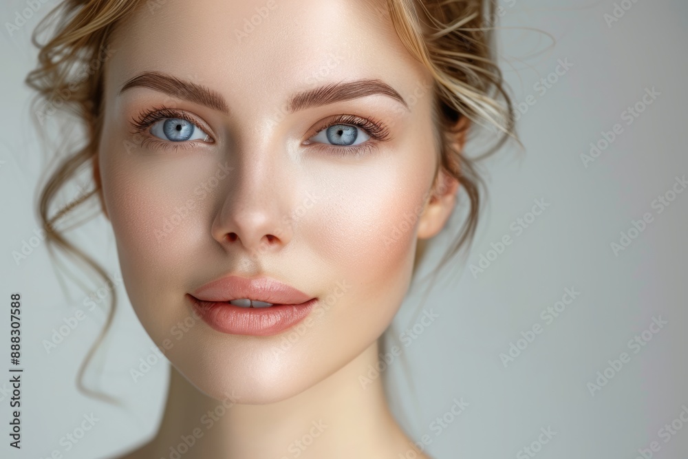 Naklejka premium A close-up portrait of a young woman with blue eyes and curly blonde hair, highlighting her flawless skin and natural beauty.