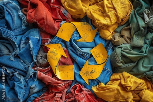 A recycling symbol made from yellow metal surrounded by colorful, crumpled fabric, symbolizing textile recycling and sustainability.