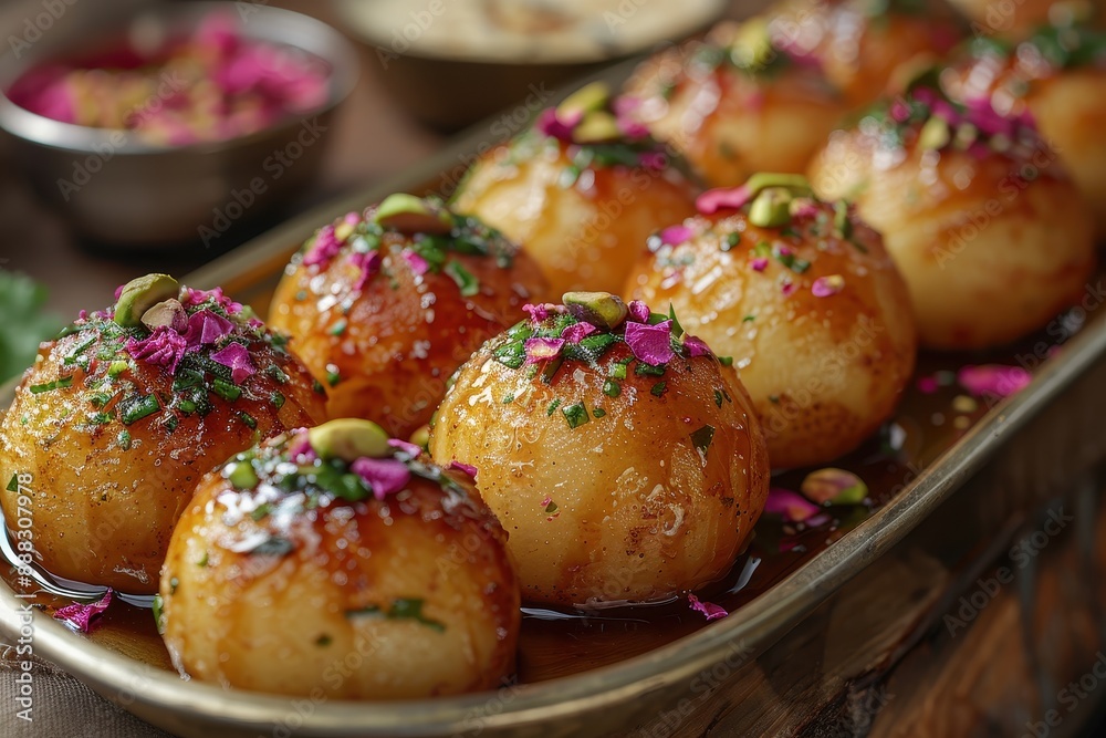 India Gulab Jamun Soft, round dough balls soaked in a golden sugar syrup, garnished with crushed pistachios and rose petals on a silver plate. India Gulab Jamun Soft, round dough balls soaked in a golden sugar syrup, garnished with crushed pistachios and rose petals on a silver plate.