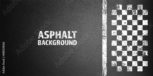 Asphalt road with white cracked lane marking, concrete highway surface, texture. Street traffic line, road dividing strip. Pattern with grainy structure, grunge stone background. Vector illustration