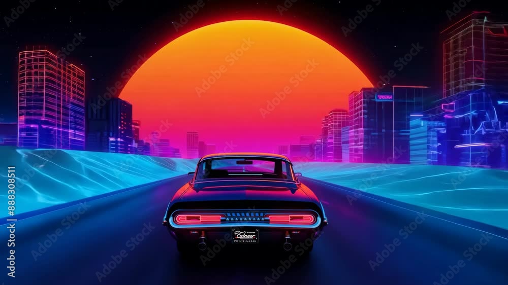 A neon retro car rides. A neon retro car rides into the neon sunset. 80s retro futuristic sci-fi seamless loop with vintage car. Riding in retrowave VJ videogame landscape, neon lights.