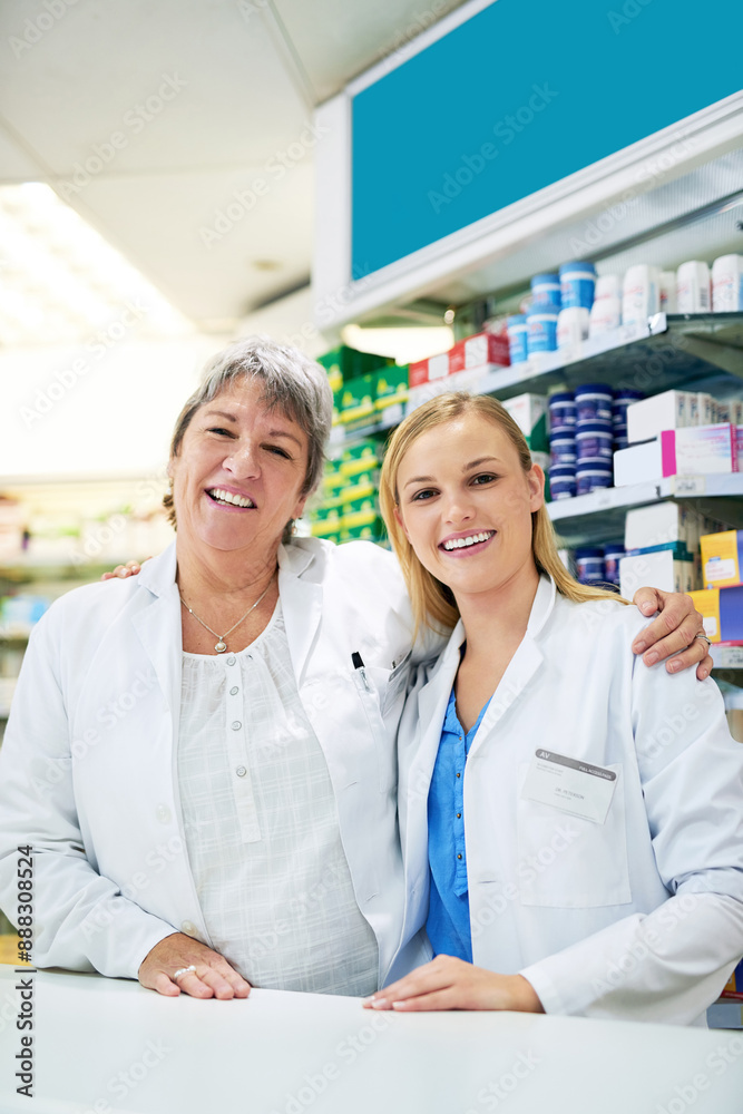 Woman, pharmacist and pharmacy together in portrait, teamwork and collaboration with professional. Healthcare, medication and drug store manager for pharmaceutical, customer service and confident