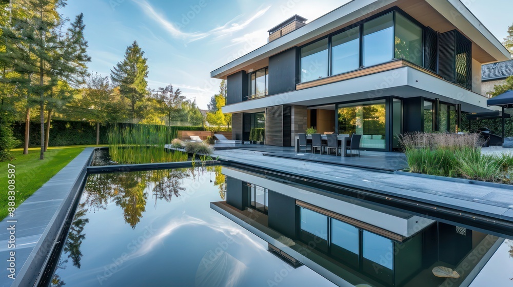 panoramic shot of a suburban contemporary house with a sleek, mirror-like pond in the front yard, reflecting its stunning architecture panoramic shot of a suburban contemporary house with a sleek, mirror-like pond in the front yard, reflecting its stunning architecture