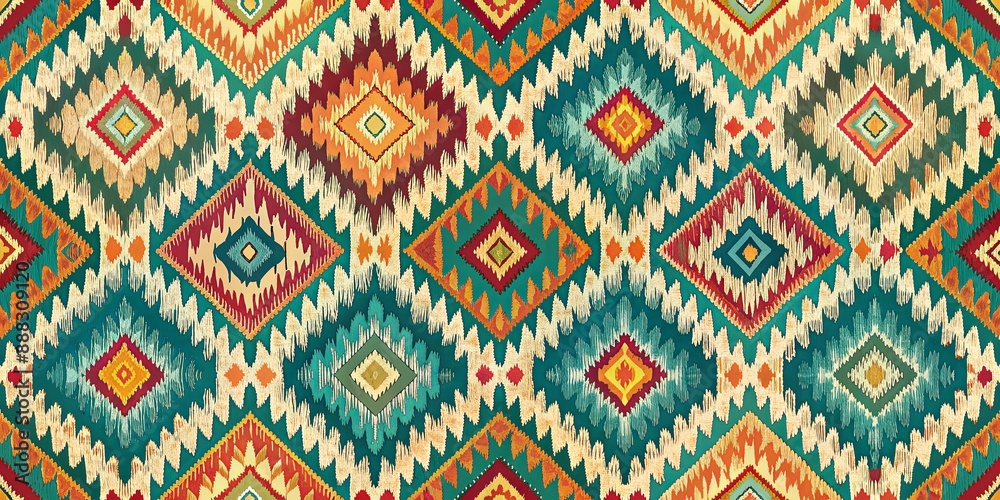 Vibrant Geometric Pattern in Teal and Orange, Digital Illustration, Abstract Design, Ikat, Boho Vibrant Geometric Pattern in Teal and Orange, Digital Illustration, Abstract Design, Ikat, Boho