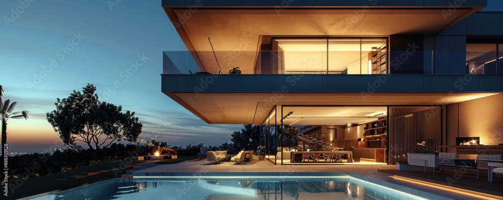 Fototapeta premium Luxurious modern house at dusk with warm lighting and large windows.