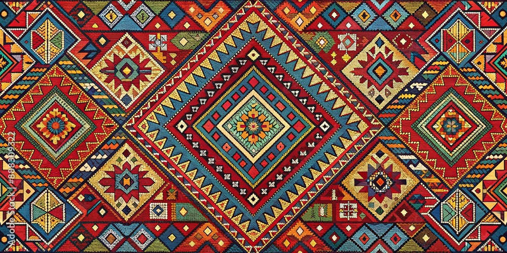 Vibrant Mosaic Rug with Geometric Patterns, red, blue, yellow, green, pattern , rug Vibrant Mosaic Rug with Geometric Patterns, red, blue, yellow, green, pattern , rug