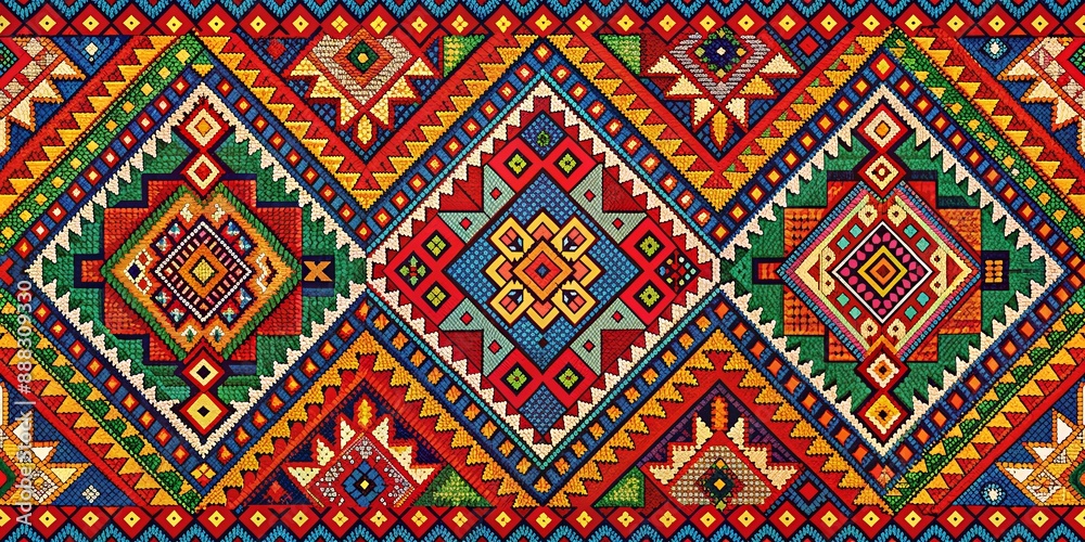 Vibrant Mosaic Textile with Geometric Patterns and Colorful Triangles, Textile, Mosaic, Geometric, Pattern Vibrant Mosaic Textile with Geometric Patterns and Colorful Triangles, Textile, Mosaic, Geometric, Pattern