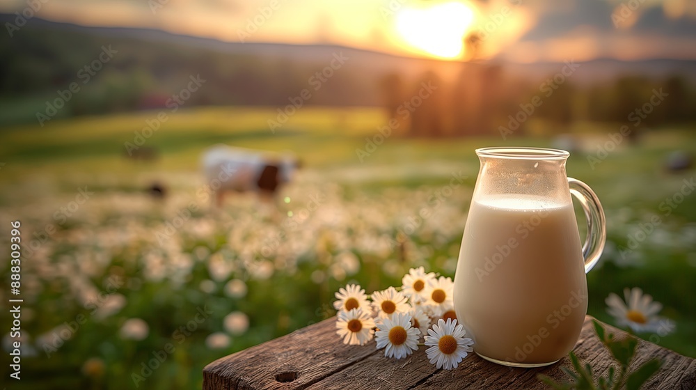  Glass Jug of Milk on Wooden Table in a Meadow at Sunrise - Suitable for Dairy Advertisements and Farm Themes, Soft and Warm Palette