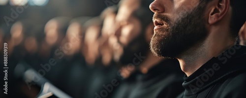 A bearded man sings in a choir, surrounded by other singers.