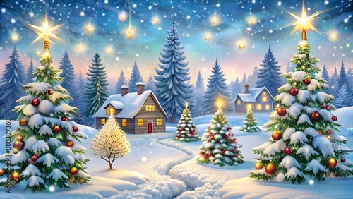 winter Christmas background, where elegant Christmas trees and small houses can be seen against the background of falling snowflakes