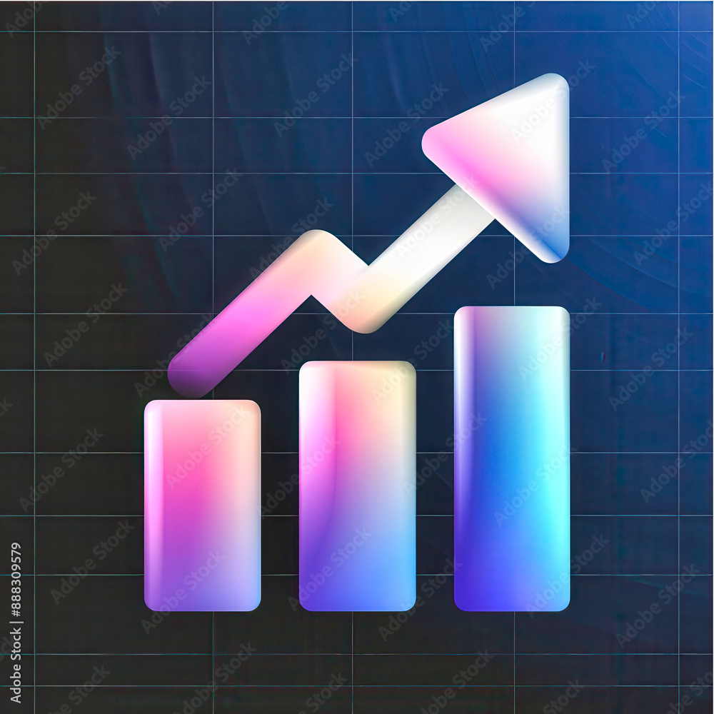A Vibrant Holographic Arrow Ascending on a Gridded Background A Vibrant Holographic Arrow Ascending on a Gridded Background