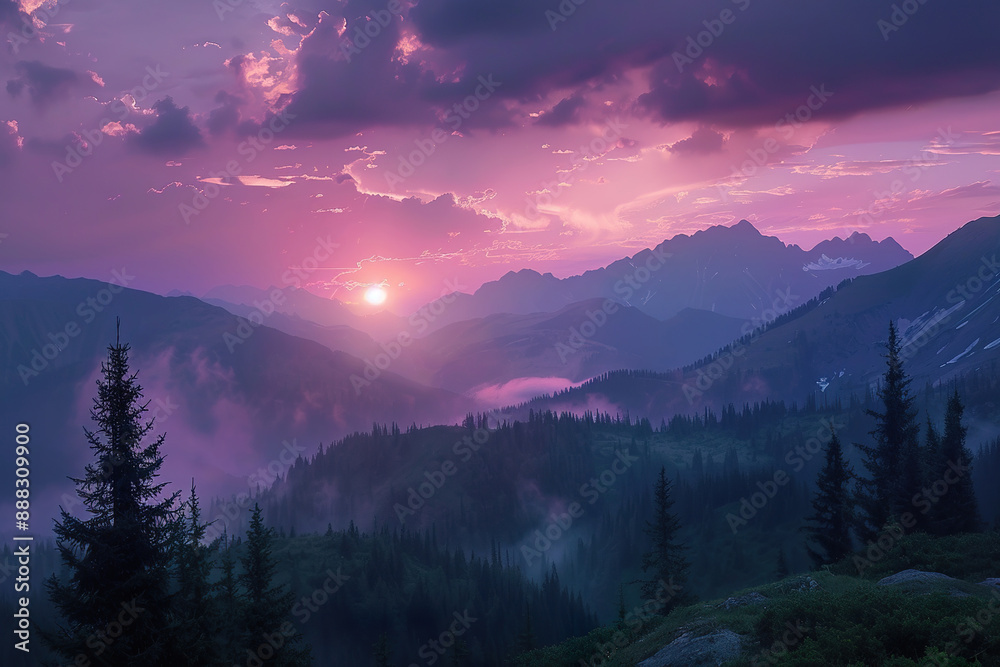 A beautiful mountain range with a purple sky and a sun setting. A beautiful mountain range with a purple sky and a sun setting.