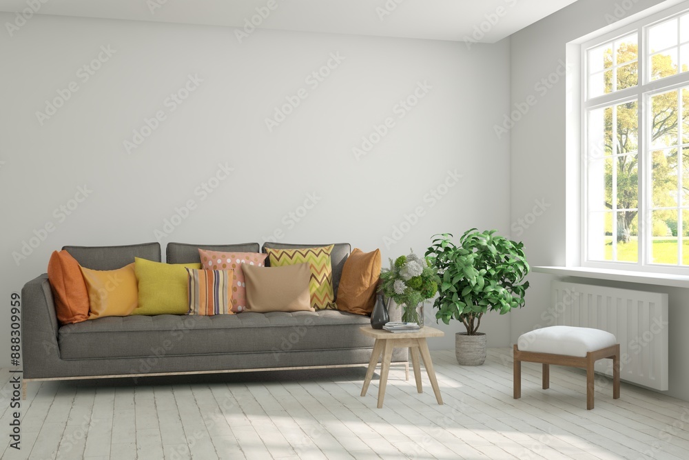 White living room with sofa. Scandinavian interior design. 3D illustration