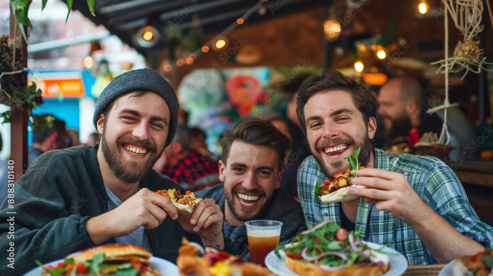 Young modern people eating healthy food together and smiling Young modern people eating healthy food together and smiling