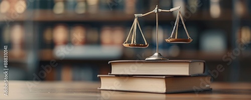 Scales of justice on law books in a library. photo