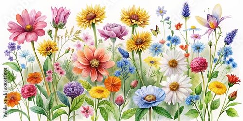 Watercolor Garden Bouquet A Colorful Array of Flowers in Bloom, watercolor, flowers, floral, botanical , garden