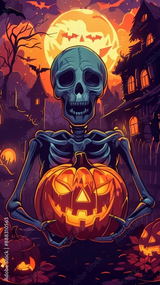 A skeleton holds a carved pumpkin in front of a full moon on Halloween night