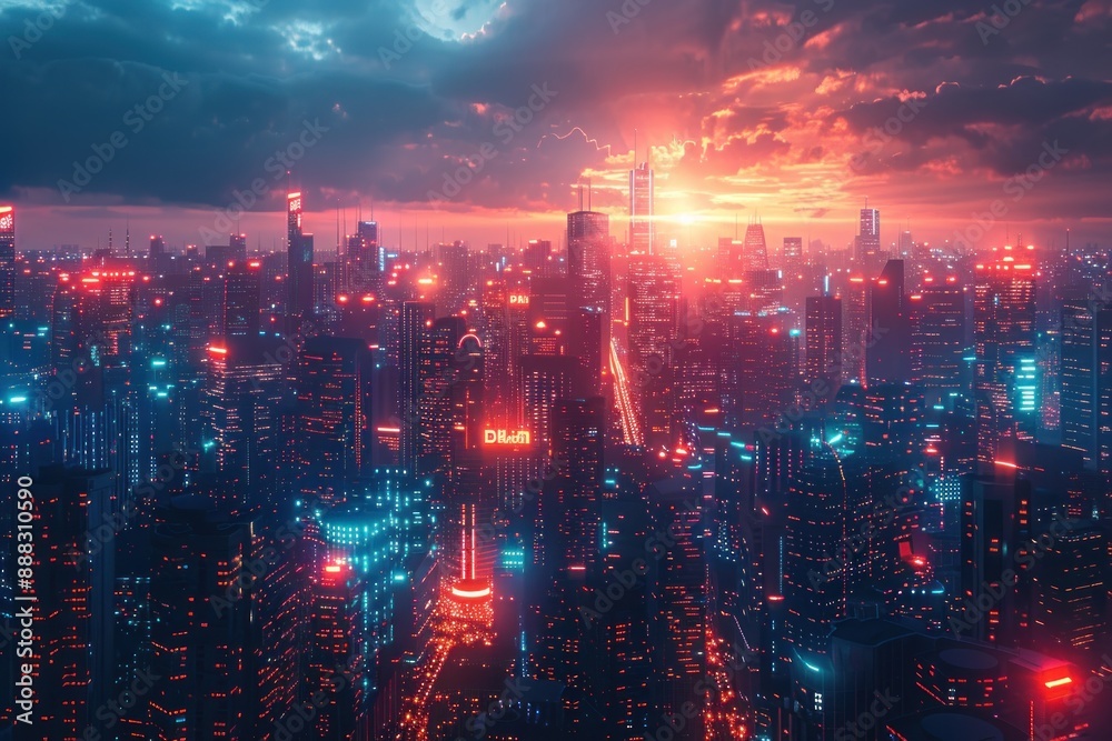 Fototapeta premium Neon Cityscape Under a Crimson Sky