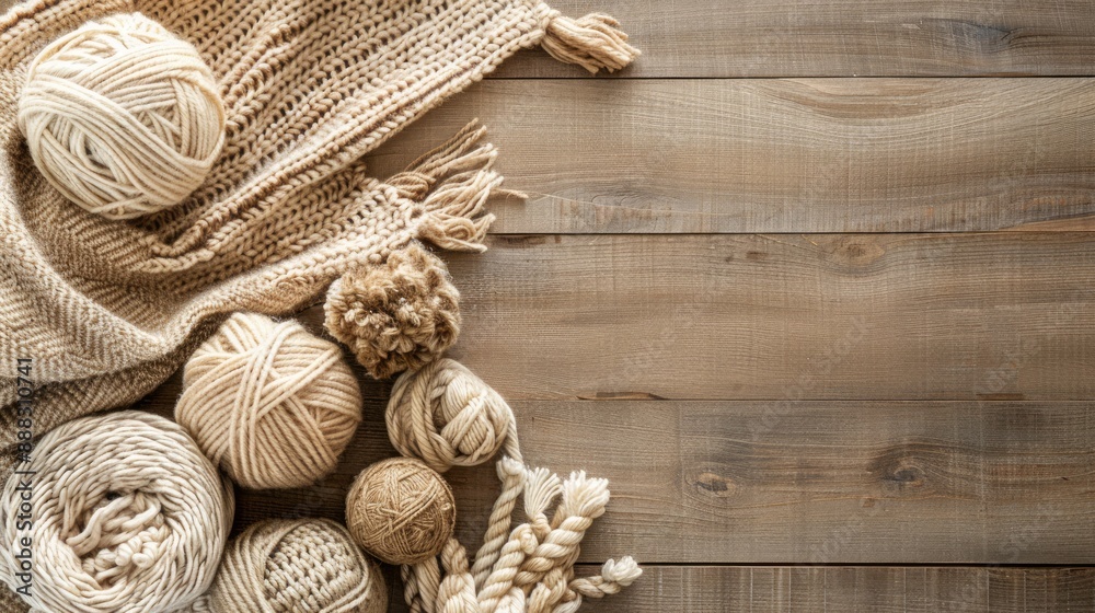 Displaying Rustic Yarn and Knitted Blanket on a Wooden Background to Enhance the Cozy Crafts Atmosphere Displaying Rustic Yarn and Knitted Blanket on a Wooden Background to Enhance the Cozy Crafts Atmosphere