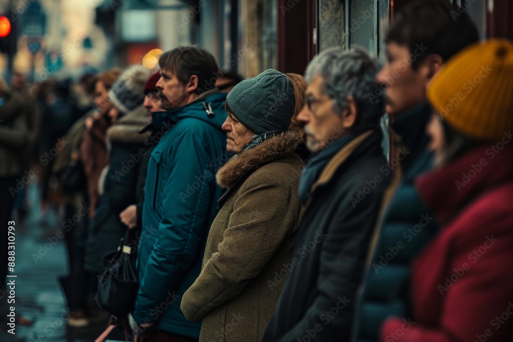 European or American people queue, wait on sidewalk outside government building. Peaceful protesters, street strike against economical and financial crisis, refugees, poverty and joblessness concept European or American people queue, wait on sidewalk outside government building. Peaceful protesters, street strike against economical and financial crisis, refugees, poverty and joblessness concept