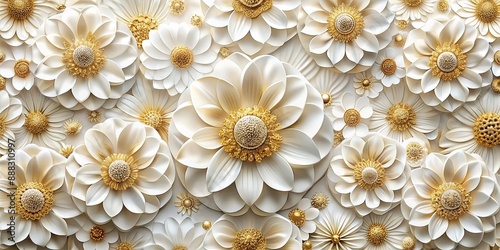 White and Gold 3D Flowers, 3D Floral Pattern, White Flowers, Gold Accents, Floral Design