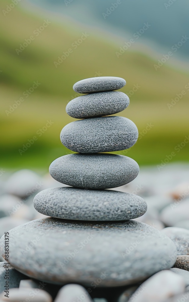 Stack of five smooth grey stones balanced on top of each other against a blurry green background. Stack of five smooth grey stones balanced on top of each other against a blurry green background.
