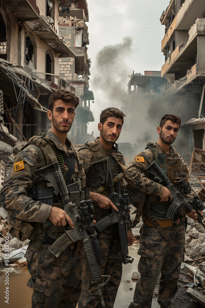 Fototapeta premium YPG Forces Bracing for Combat against the Backdrop of a Ruined City
