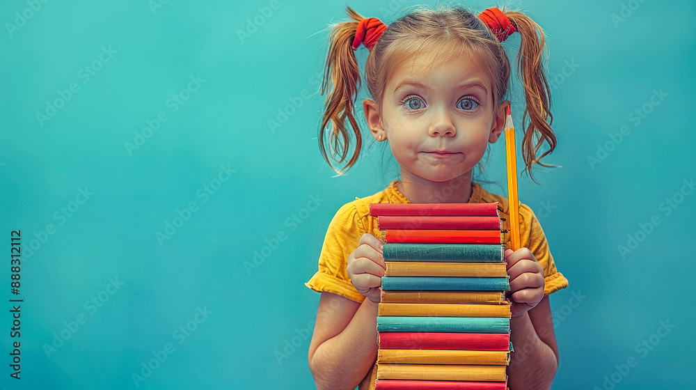 Young Girl Holds Stack of Colorful Books With a Pensive Expression Young Girl Holds Stack of Colorful Books With a Pensive Expression