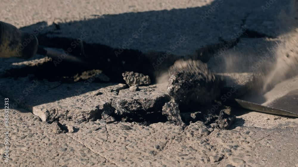 Pothole road repair. Workers are using a jackhammer and a shovel to remove old asphalt around the pothole for replacement. Pothole road repair. Workers are using a jackhammer and a shovel to remove old asphalt around the pothole for replacement.