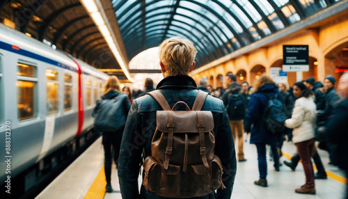 Traveler with Backpack Navigating Through a Crowded Train Station